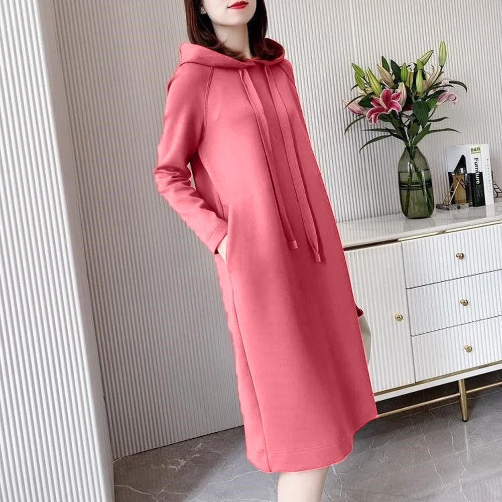 Solid Long Fleece Sweat Hooded Dress for Women