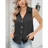 Button Up Solid Sleeveless Turn Down Collar Tank Top for Ladies