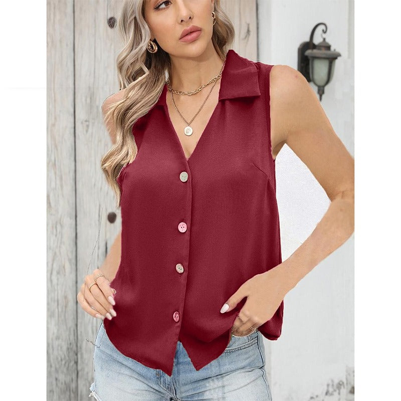 Button Up Solid Sleeveless Turn Down Collar Tank Top for Ladies