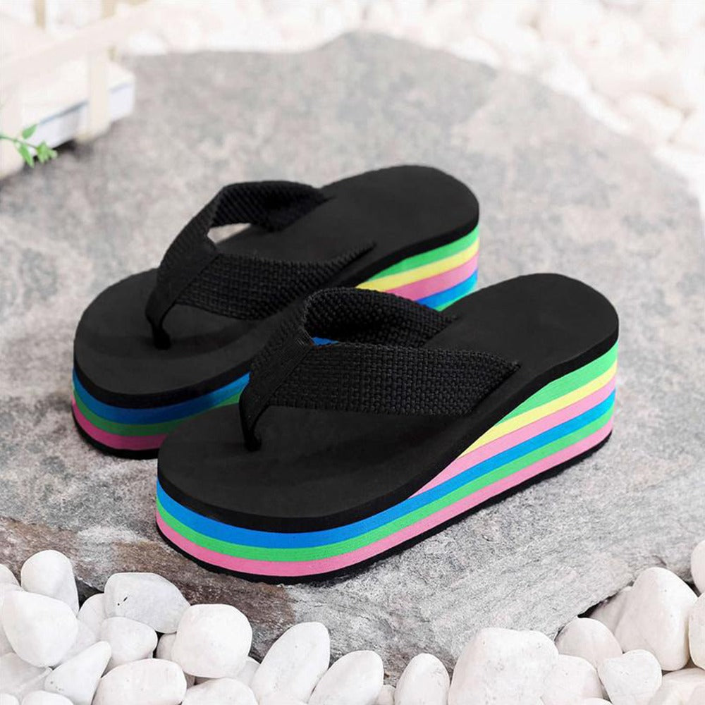 Wedge Floral Flip Flop Multicolor Sole Beach Sandals for Women