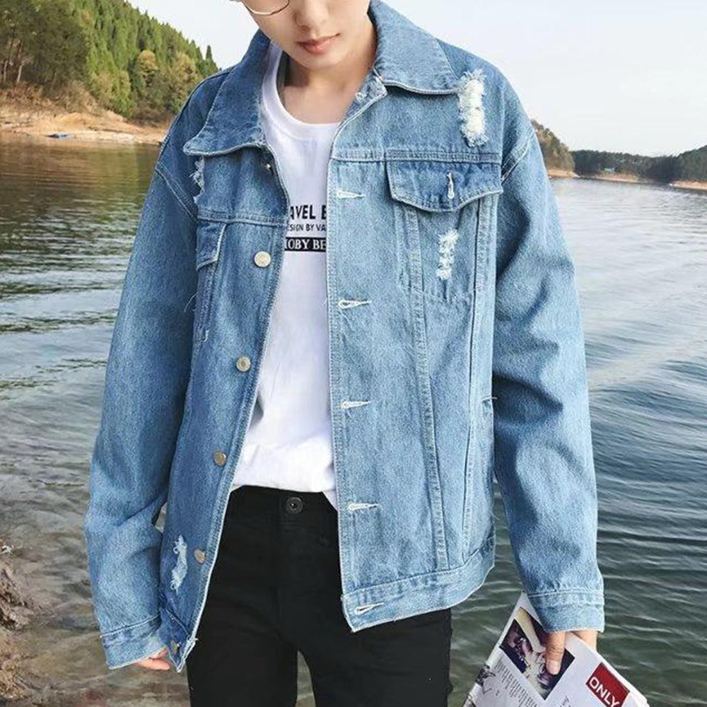 Premium Denim Ripped Fashion Solid Jacket for Men