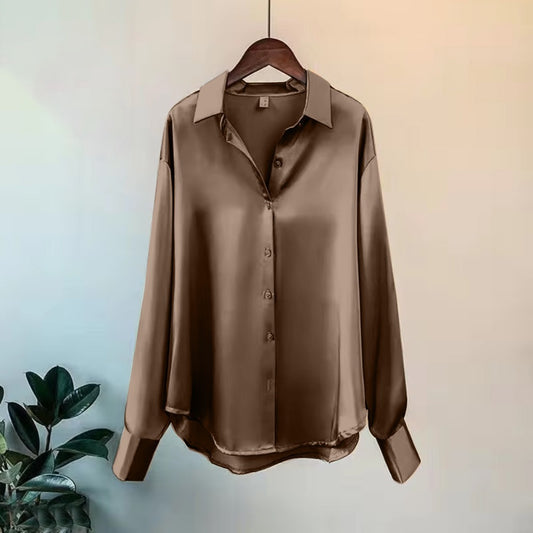 Solid Ice Silk Polyester Fashion Long Sleeve Shirt for Women