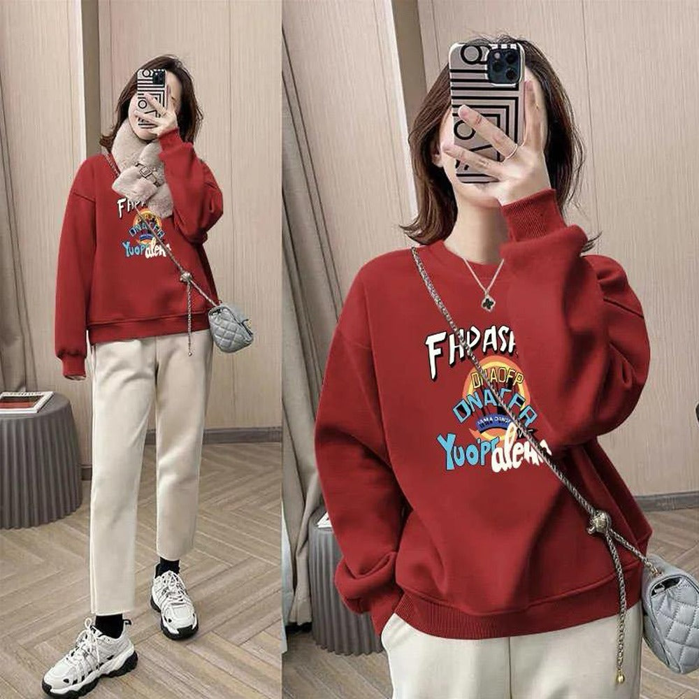 Korean Round Neck Full Sleeve Printed Pullover for Women