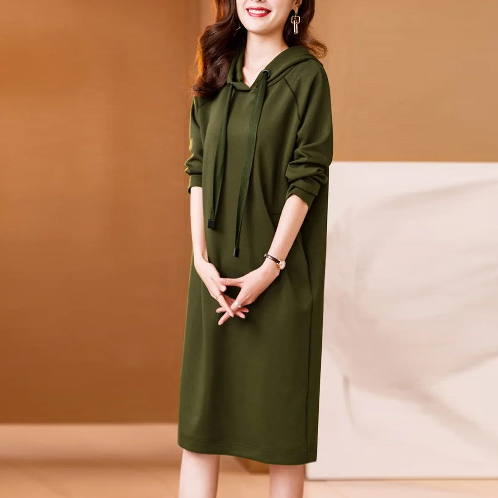 Solid Long Fleece Sweat Hooded Dress for Women