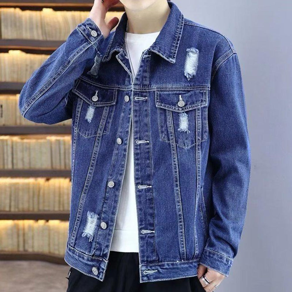 Premium Denim Ripped Fashion Solid Jacket for Men