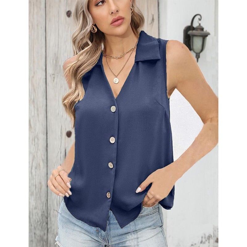 Button Up Solid Sleeveless Turn Down Collar Tank Top for Ladies
