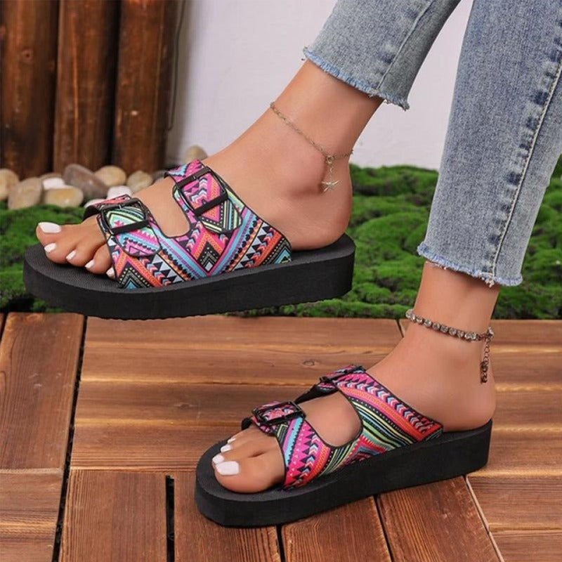 New Double Band Printed Fashion Flat Sandals for Women