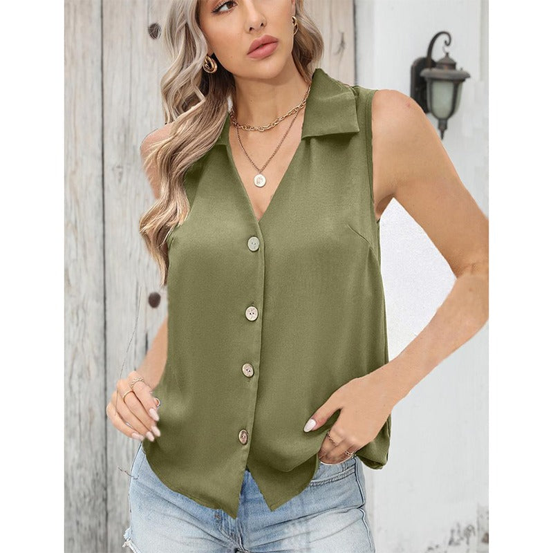 Button Up Solid Sleeveless Turn Down Collar Tank Top for Ladies