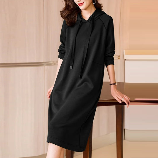 Solid Long Fleece Sweat Hooded Dress for Women