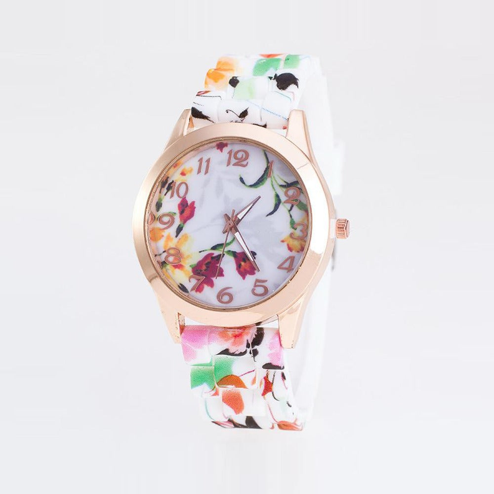 Floral Printed Design Pattern Quartz Wrist Watch for Ladies