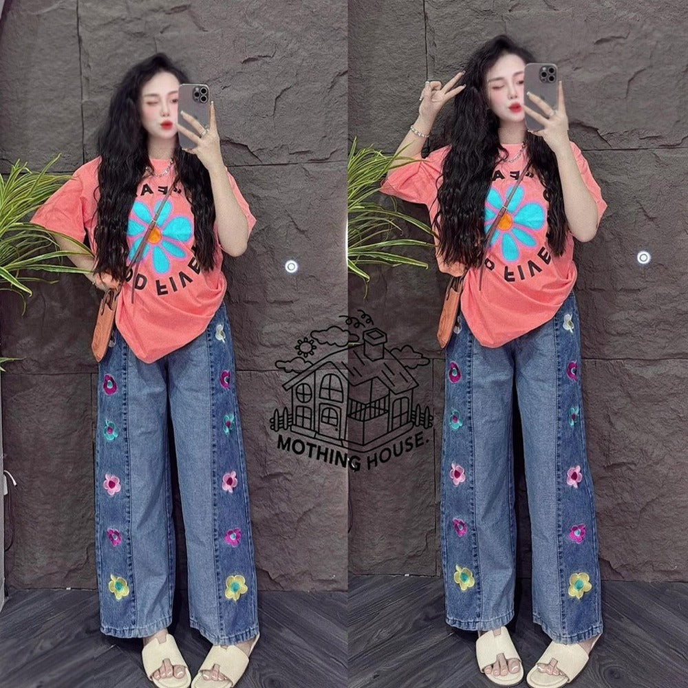 Printed Fashion T-shirt & Wide Leg Pant for Women