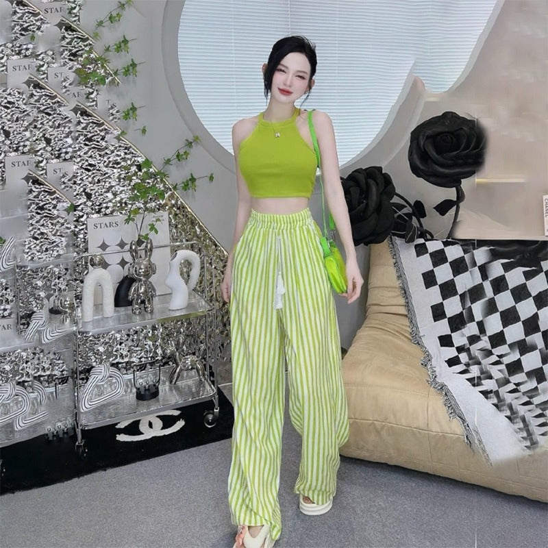 New High Waisted Striped Pant & Crop Top for Women