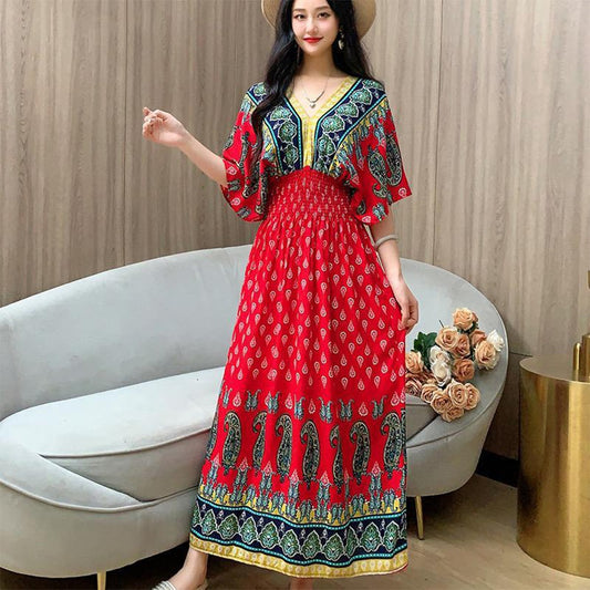 Floral Design Maxi Long Printed Bat Sleeve Dress for Women