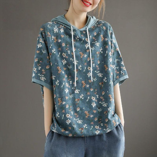 Floral printed Hooded Short Sleeve Sweaters for Women
