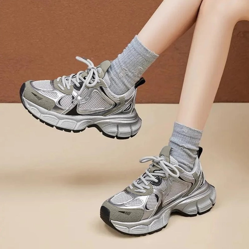 Leather Mesh Thick Sole Casual Sneakers for Women