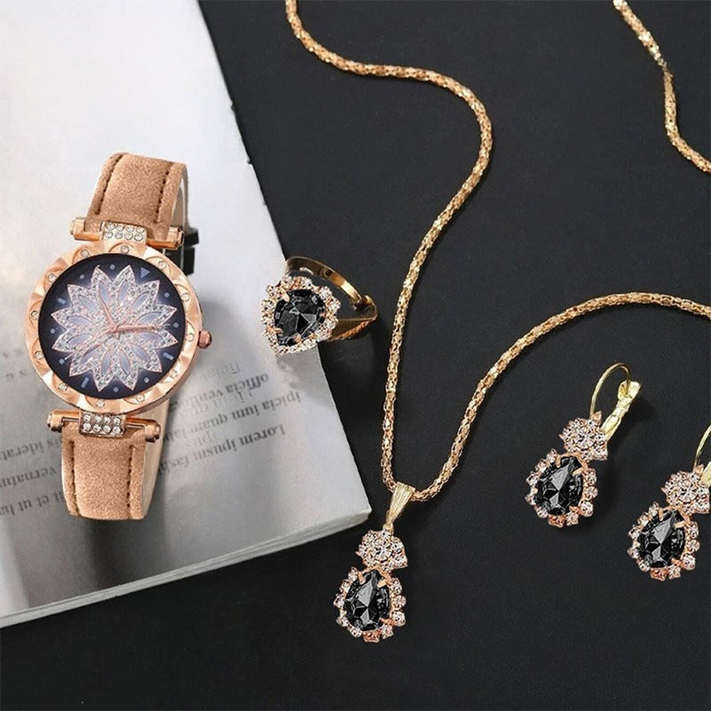 Premium Style 5 Pcs Jewlery Watch Set for Ladies