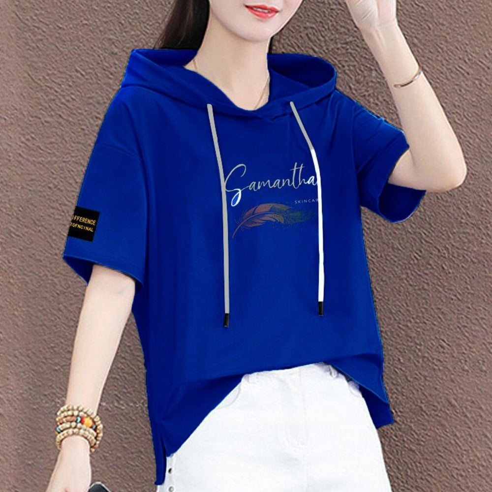 Solid Printed Fashion Hooded Short Sleeve T-Shirt for Women