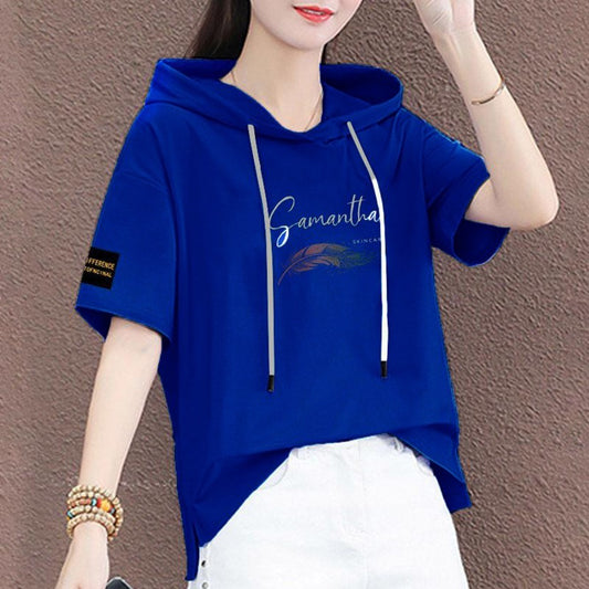 Solid Printed Fashion Hooded Short Sleeve T-Shirt for Women
