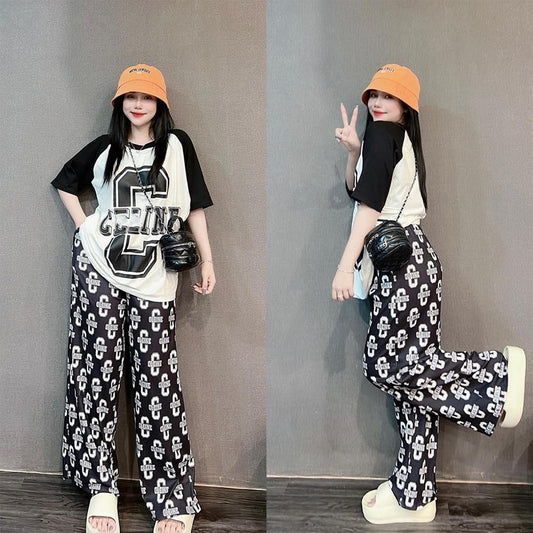 Letter Printed Fashion Streetwear T-shirt & Wide Leg Pant for Ladies