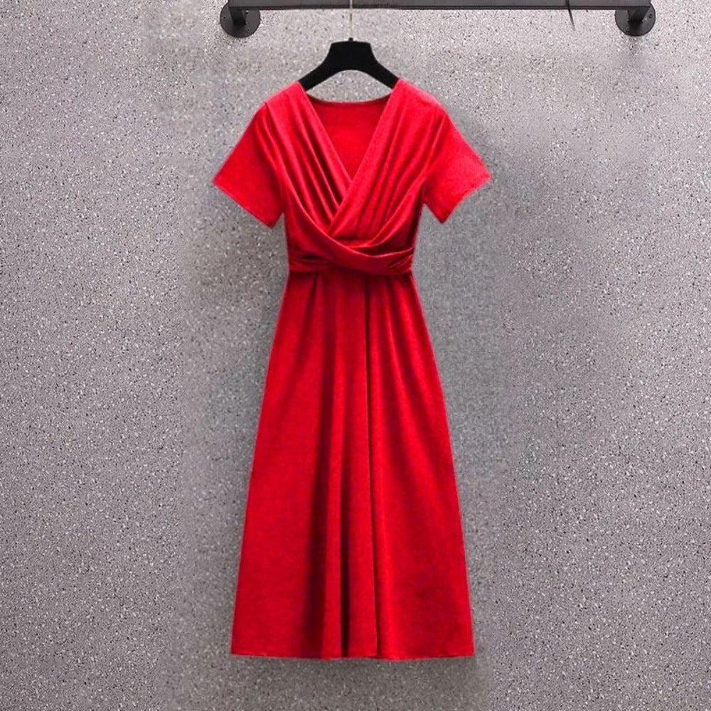 Short Sleeve Korean Spliced Irregular Solid Party Dress for Women