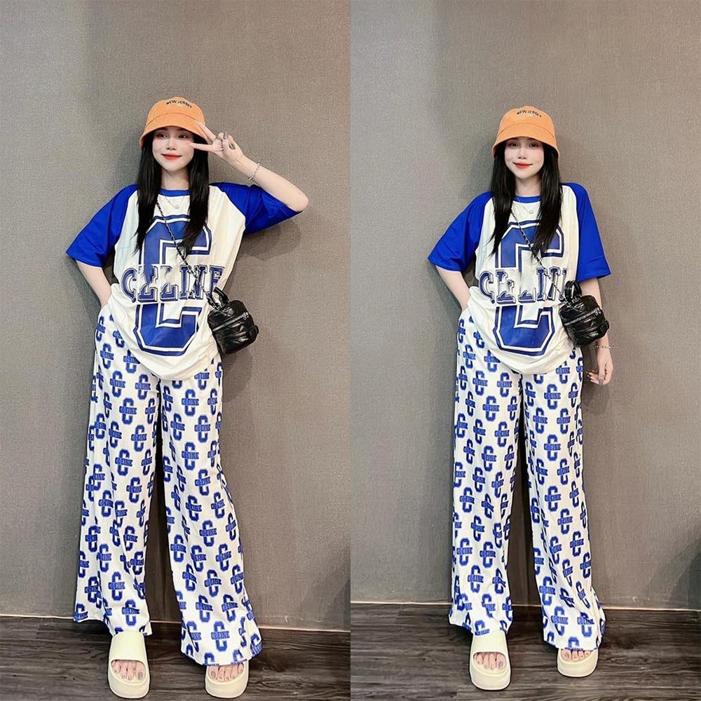 Letter Printed Fashion Streetwear T-shirt & Wide Leg Pant for Ladies