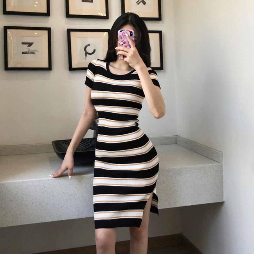 Round Neck Striped Fashion Bodycon Dress for Women