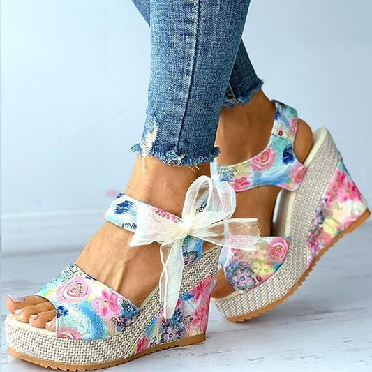 Floral Print Fashion Peep-Toe Tie-up Ankle Strap Sandals for Women