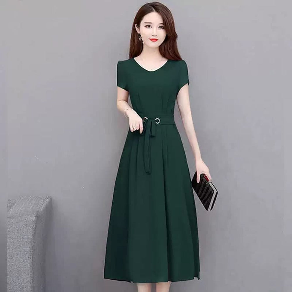 Knee Length Solid Skirt with Belt Slim A Line Dress for Women