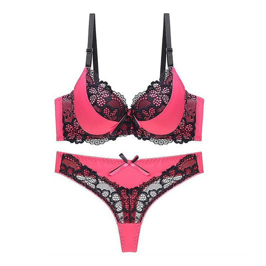 Floral Pattern Padded Lace Fashion Bra & Panty Set for Women