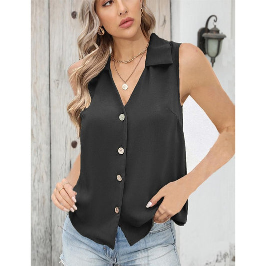 Button Up Solid Sleeveless Turn Down Collar Tank Top for Ladies