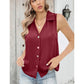 Button Up Solid Sleeveless Turn Down Collar Tank Top for Ladies