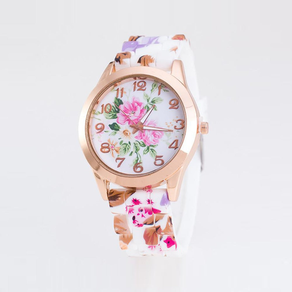 Floral Printed Design Pattern Quartz Wrist Watch for Ladies