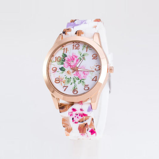 Floral Printed Design Pattern Quartz Wrist Watch for Ladies