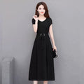 Knee Length Solid Skirt with Belt Slim A Line Dress for Women