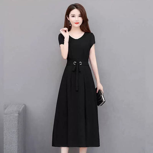 Knee Length Solid Skirt with Belt Slim A Line Dress for Women