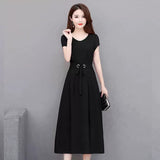 Knee Length Solid Skirt with Belt Slim A Line Dress for Women