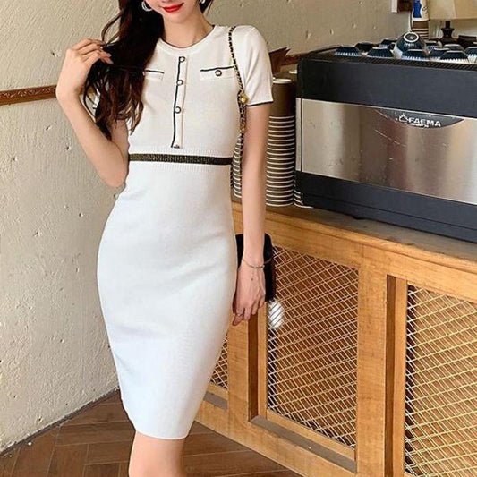 New Solid High Waist Solid Short Sleeve Casual Slim Dress for Women