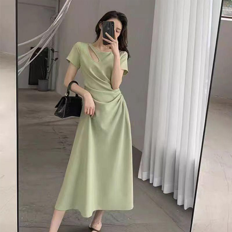 Solid Color Asymmetrical Neck Style Dress for Women