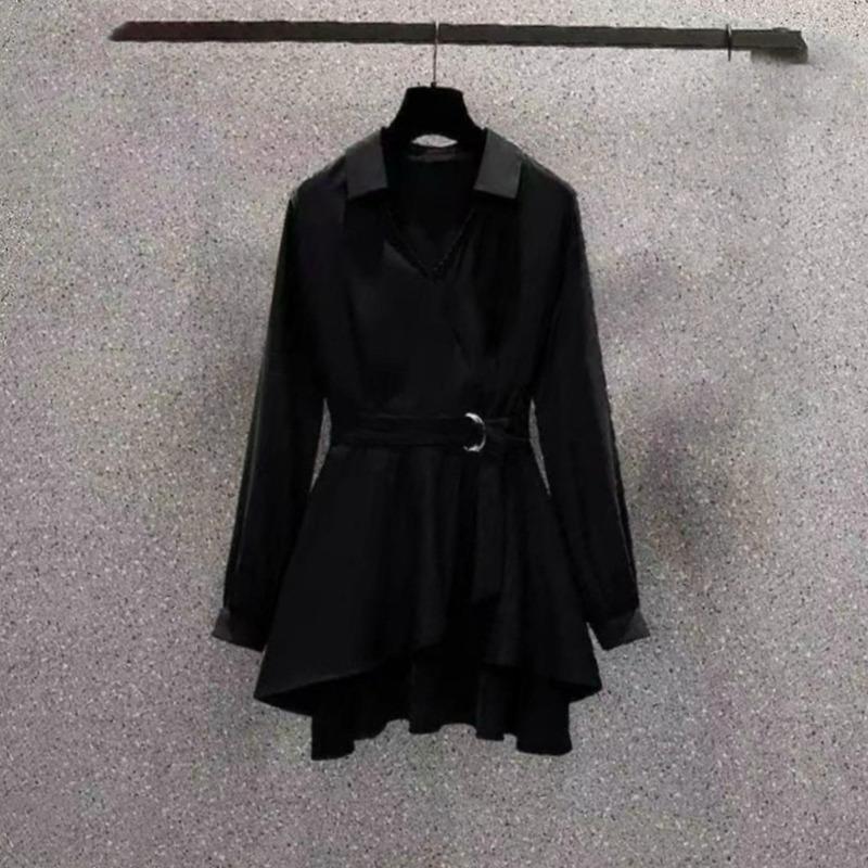 Korean Style V Neck Autumn Slim Belt Shirt Dress for Women