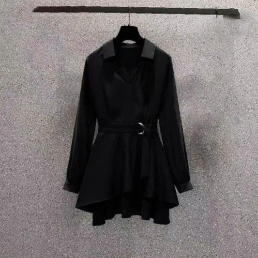 Korean Style V Neck Autumn Slim Belt Shirt Dress for Women