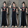 Letter Printed Fashion T-shirt & Wide Leg Pant for Women