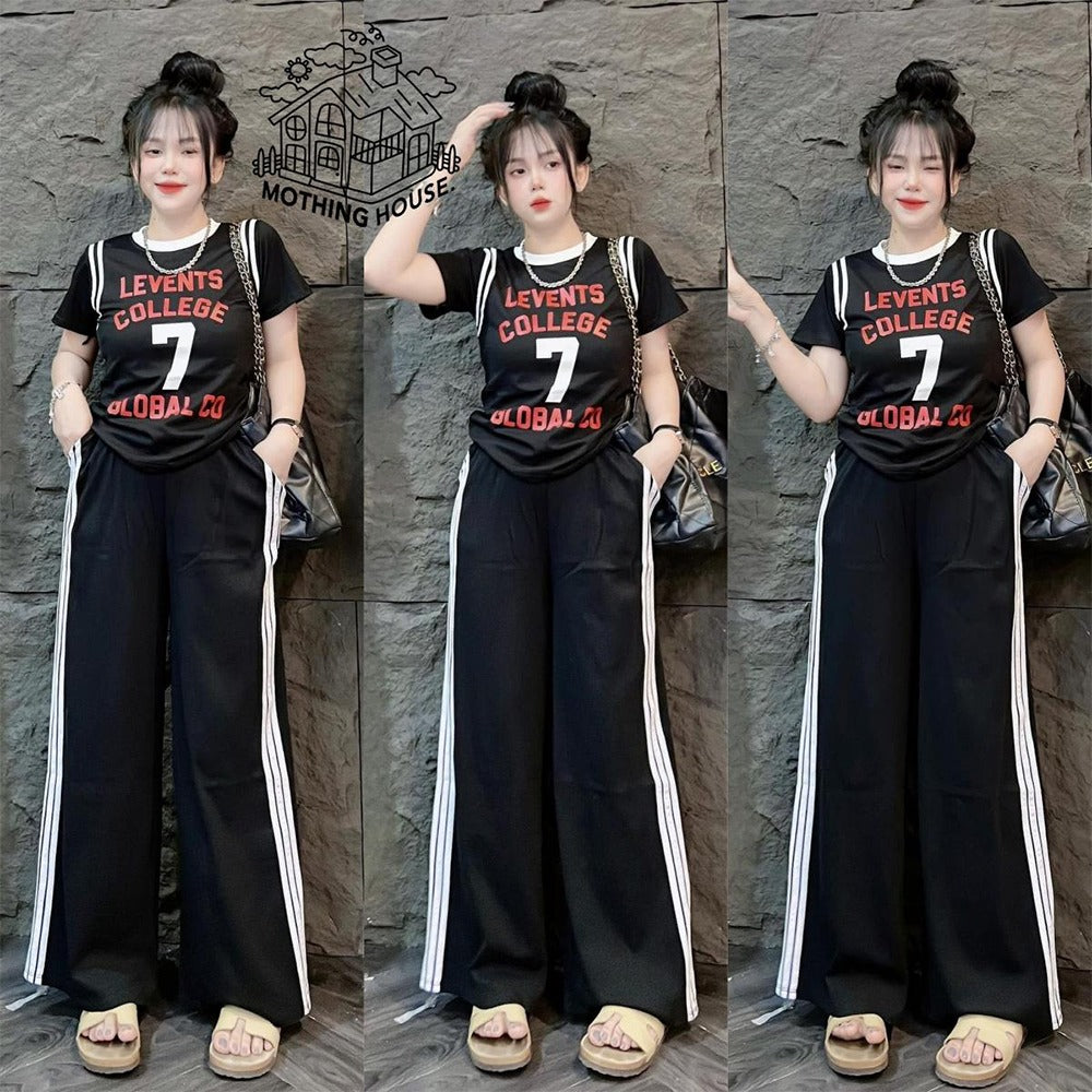 Letter Printed Fashion T-shirt & Wide Leg Pant for Women