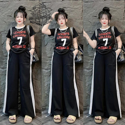Letter Printed Fashion T-shirt & Wide Leg Pant for Women