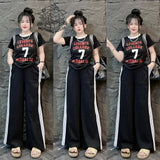 Letter Printed Fashion T-shirt & Wide Leg Pant for Women