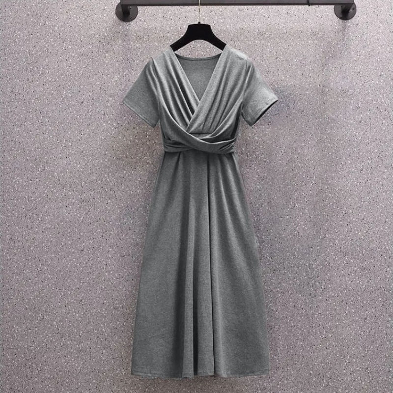 Short Sleeve Korean Spliced Irregular Solid Party Dress for Women