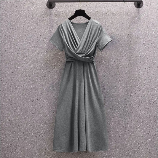 Short Sleeve Korean Spliced Irregular Solid Party Dress for Women