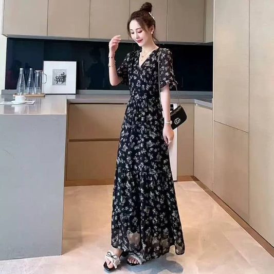 Floral V Neck Long Dress Lightweight Short Sleeve Dress for Women