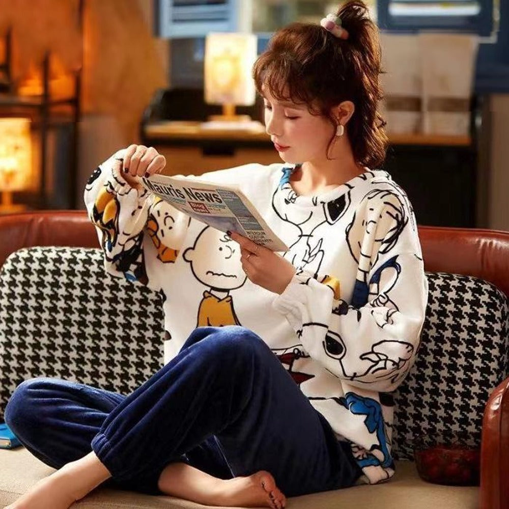 Autumn Printed Fashion Full Sleeve Flannel Pullover & Pant for Women