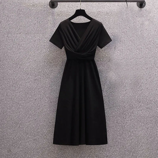 Short Sleeve Korean Spliced Irregular Solid Party Dress for Women