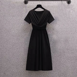 Short Sleeve Korean Spliced Irregular Solid Party Dress for Women